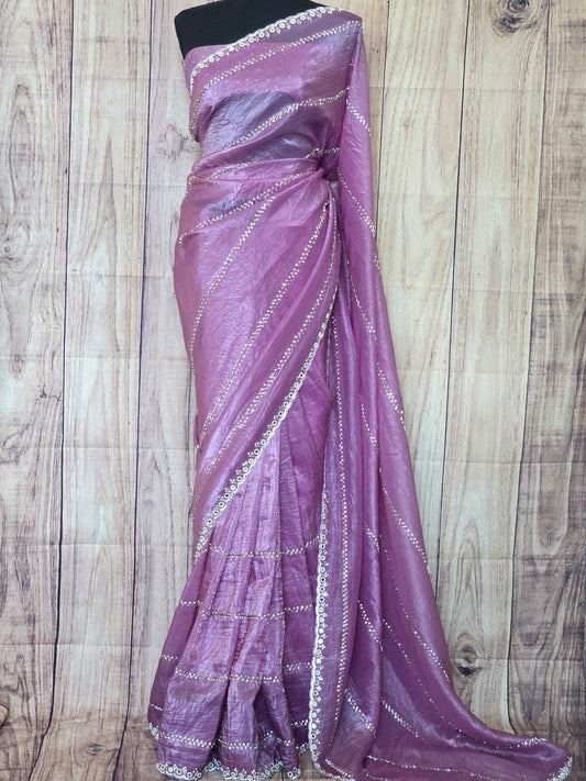 Crushed organza designer saree with stitched blouse