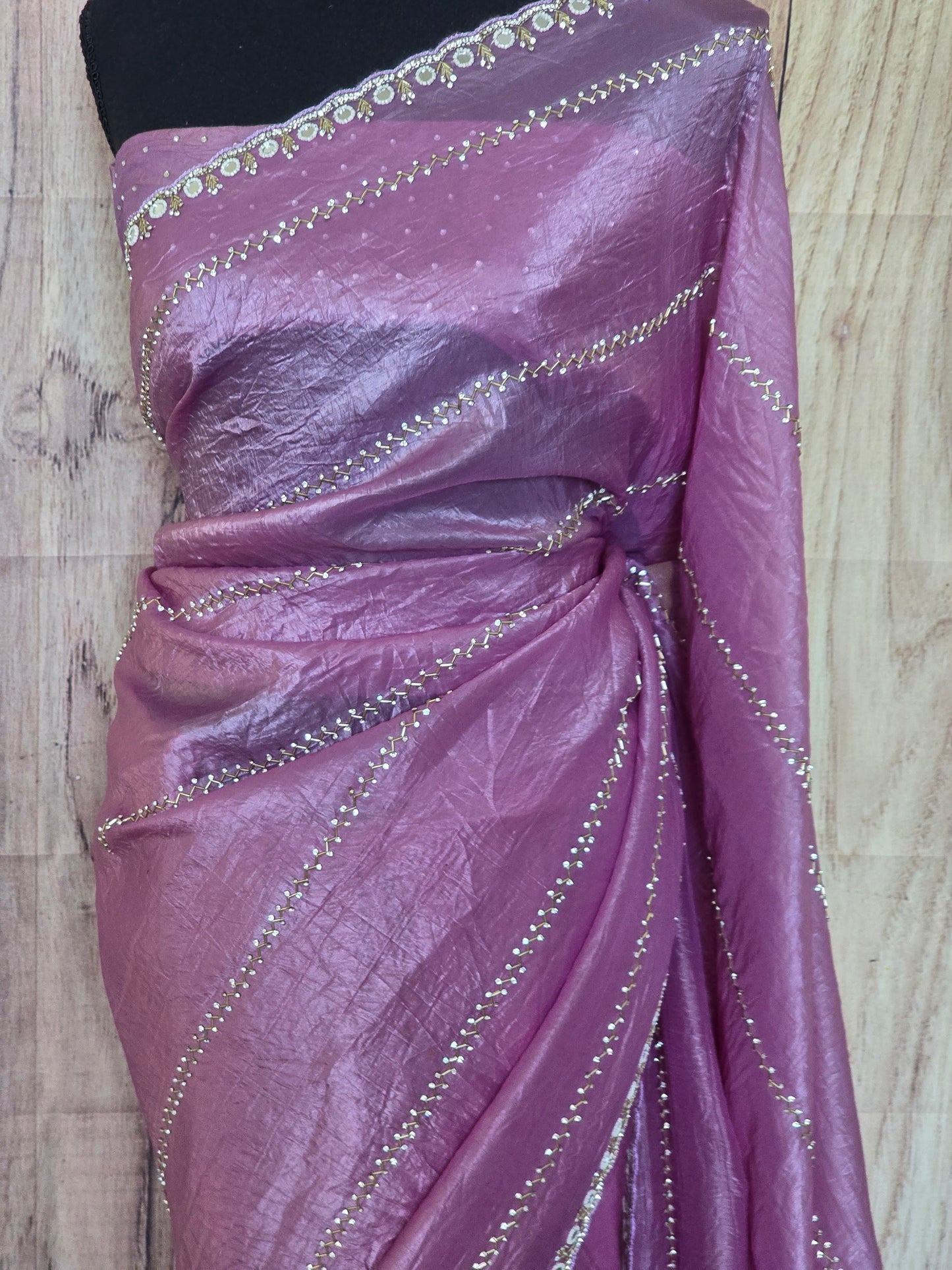 Crushed organza designer saree with stitched blouse