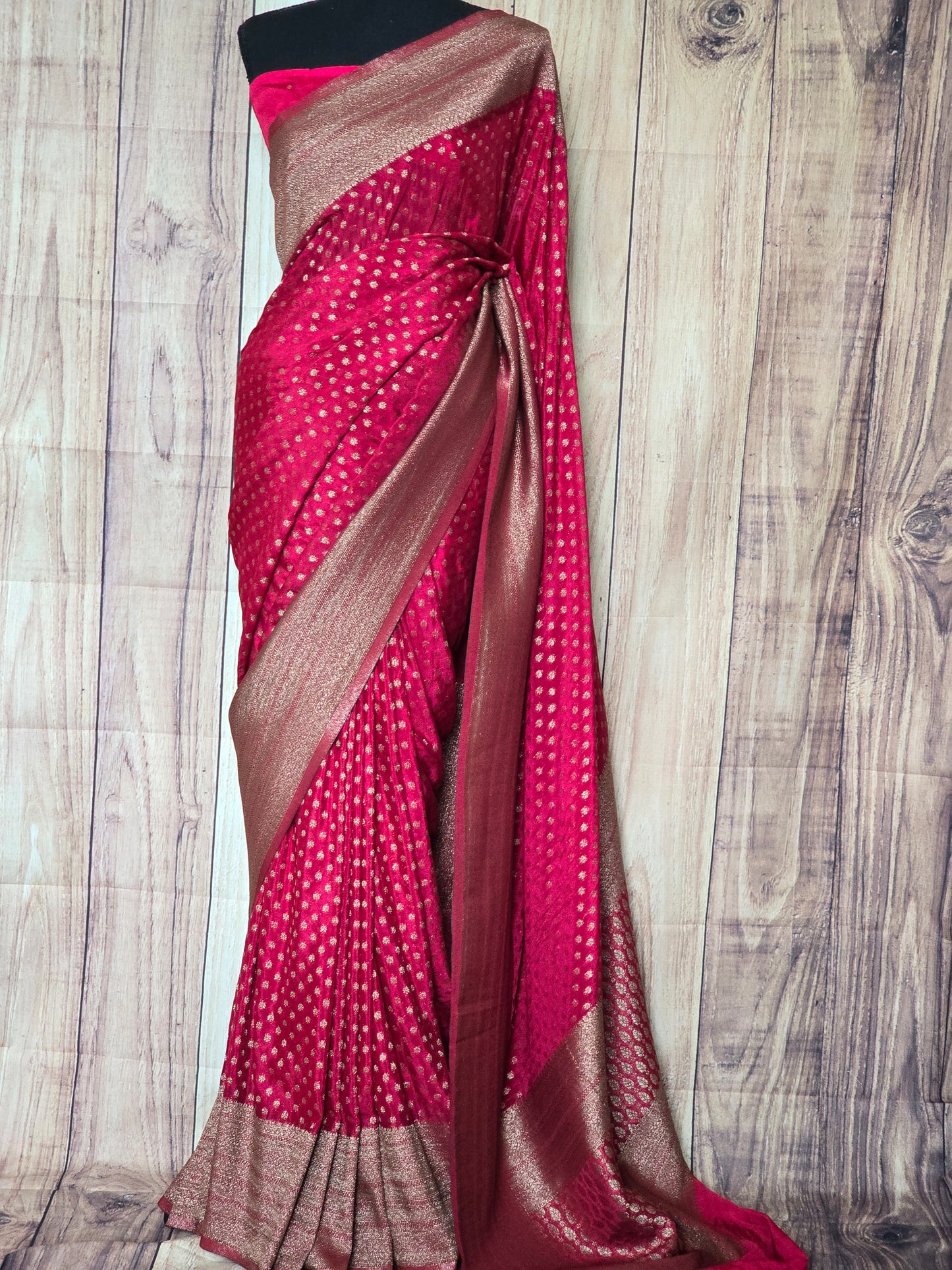 Semi georgette banarasi saree (dark pink) with stitched blouse