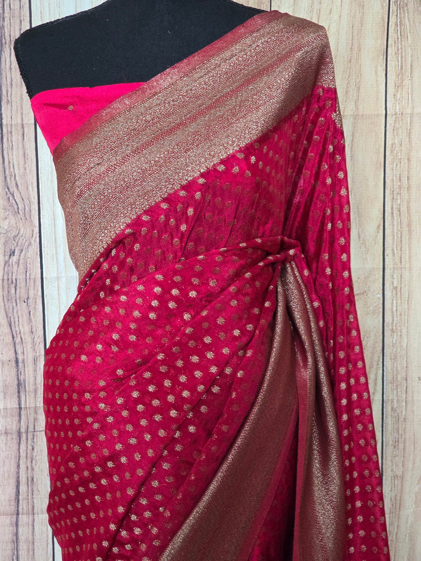 Semi georgette banarasi saree (dark pink) with stitched blouse