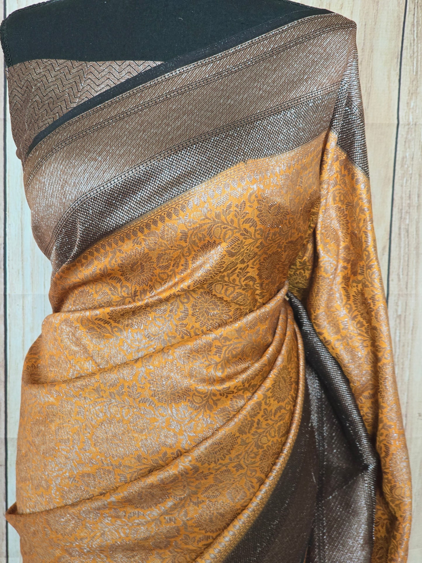 Semi katan ( yellow/black) saree with stitched blouse