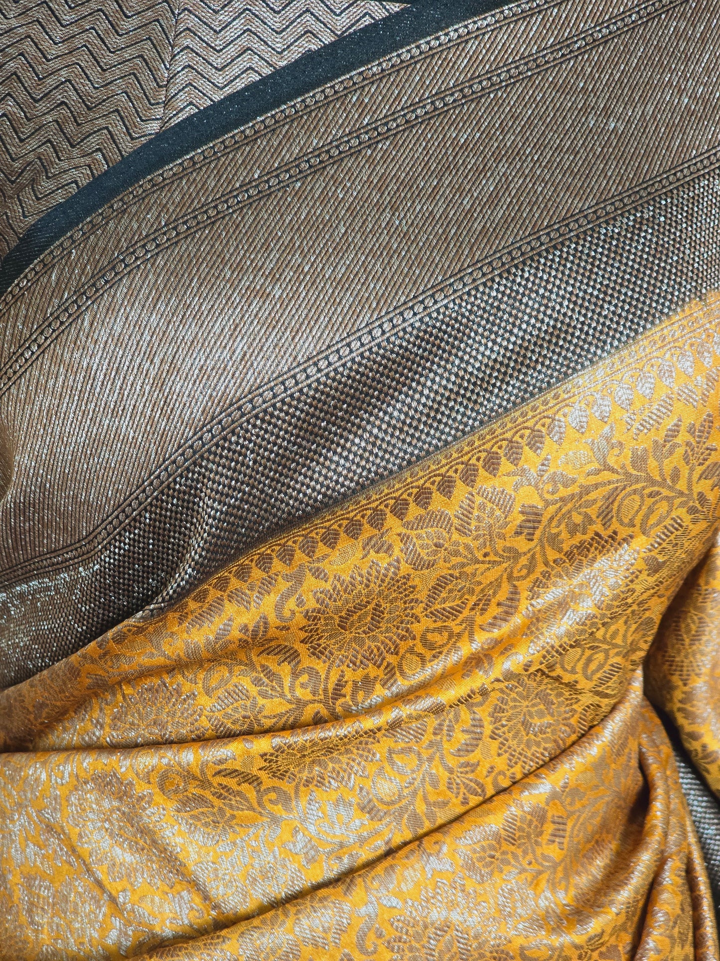 Semi katan ( yellow/black) saree with stitched blouse