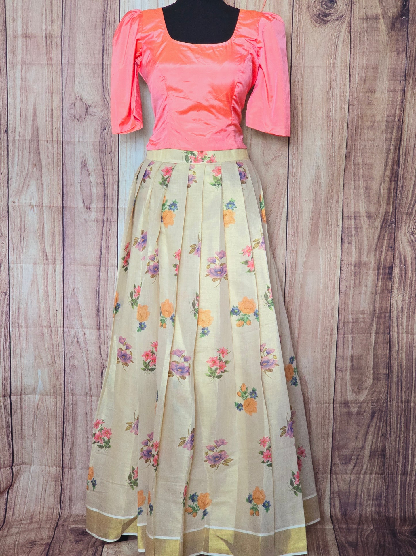 Onam floral skirt with peach top ( adult size)