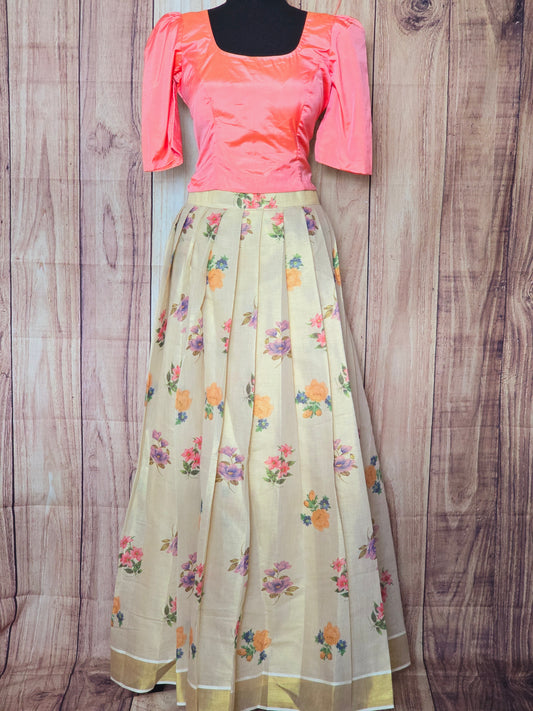 Onam floral skirt with peach top ( adult size)