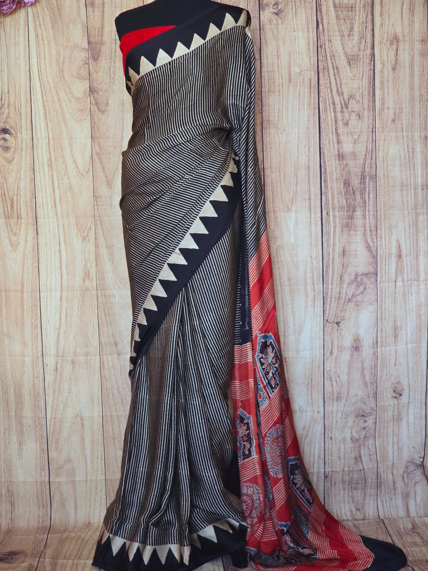 Modal silk saree with ajrakh print- stitched blouse