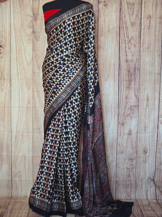 Modal silk saree with ajrakh print-stitched blouse