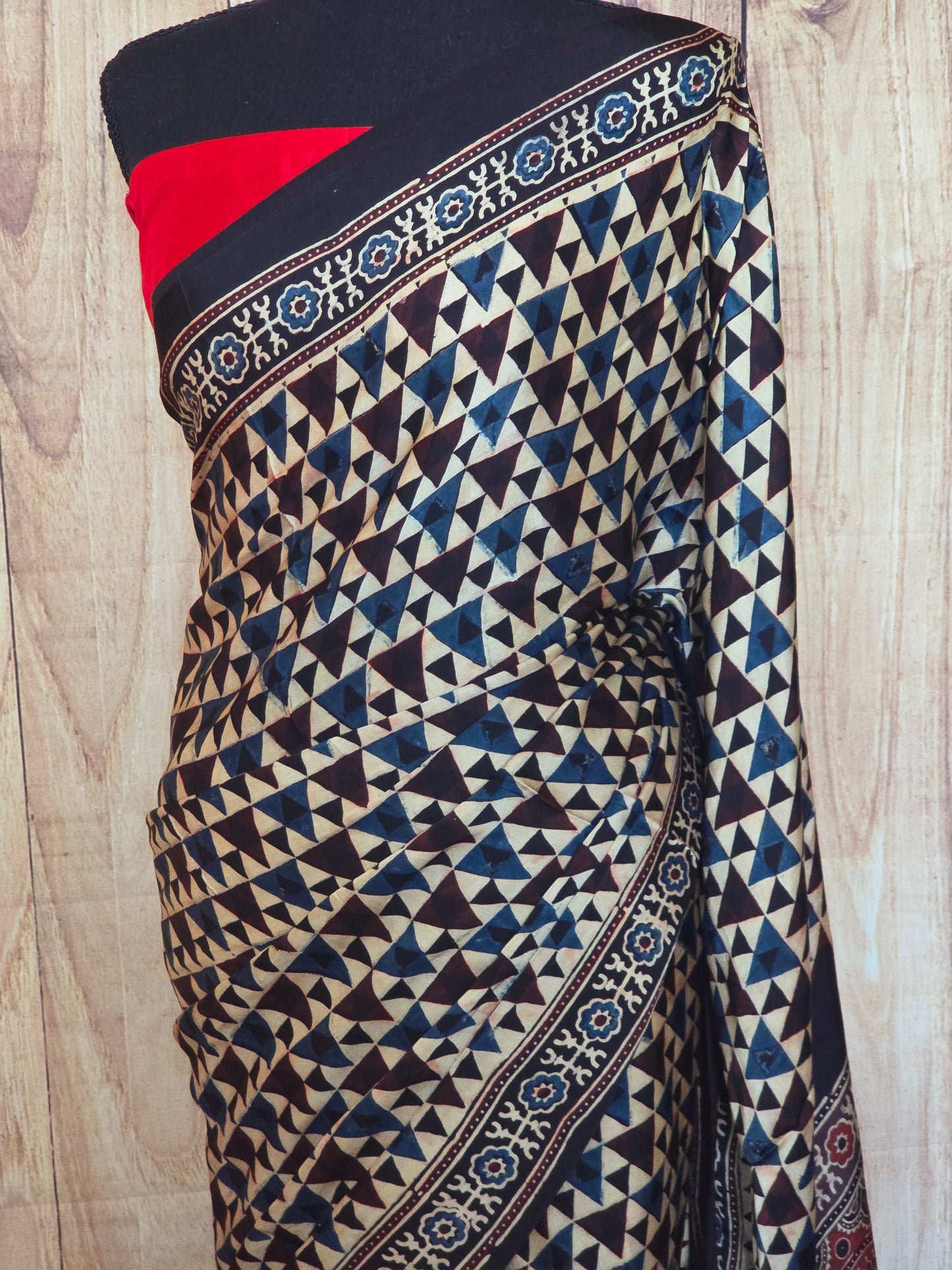 Modal silk saree with ajrakh print-stitched blouse