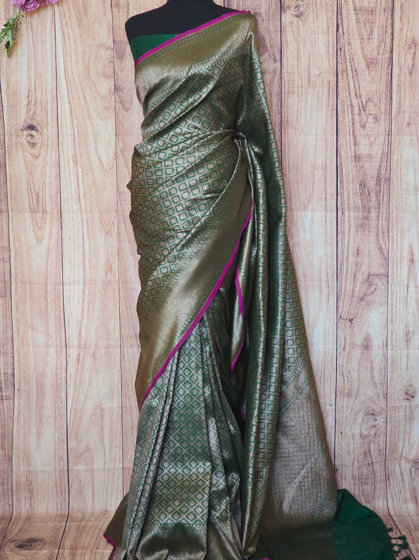 Semi katan silk saree ( bottle green)with stitched blouse