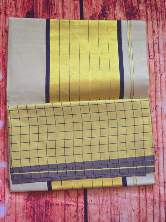 Set saree with blue/ gold check border