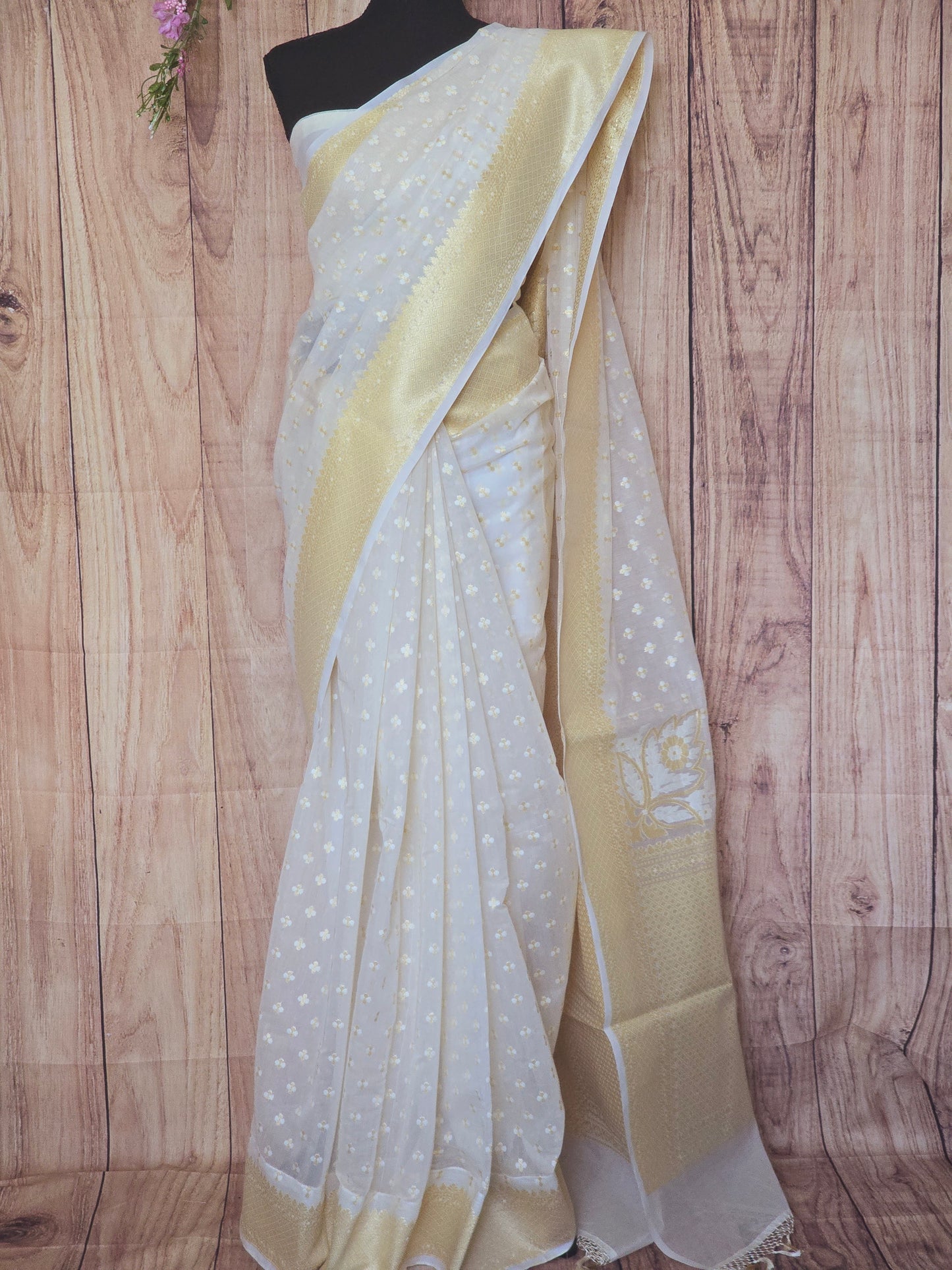 Off white chanderi silk saree with stitched blouse