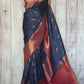 Navy blue/reddish maroon combo kancheepuram saree- stitched blouse