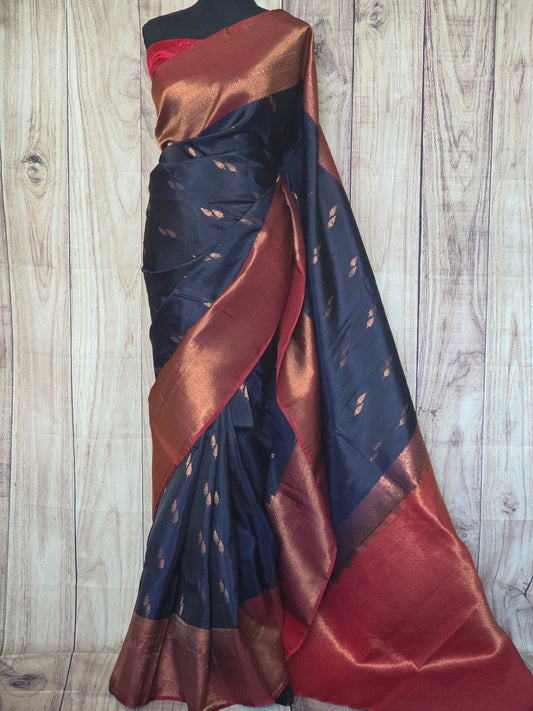 Navy blue/reddish maroon combo kancheepuram saree- stitched blouse