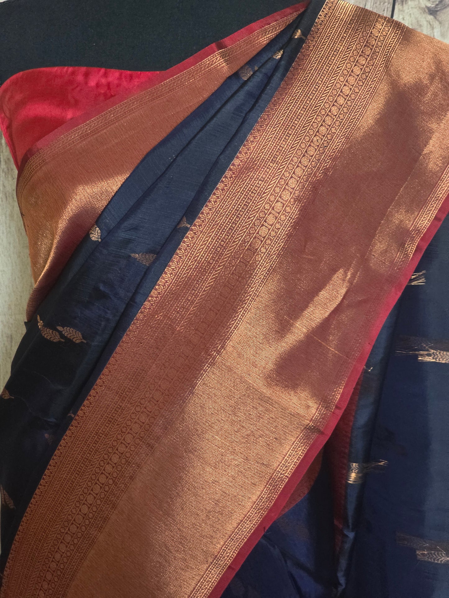 Navy blue/reddish maroon combo kancheepuram saree- stitched blouse