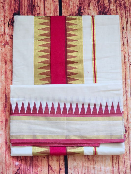 Cotton set saree with pinkish red/antique gold border