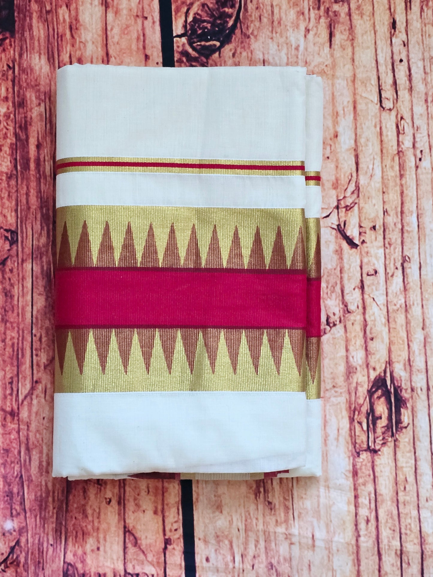 Cotton set saree with pinkish red/antique gold border