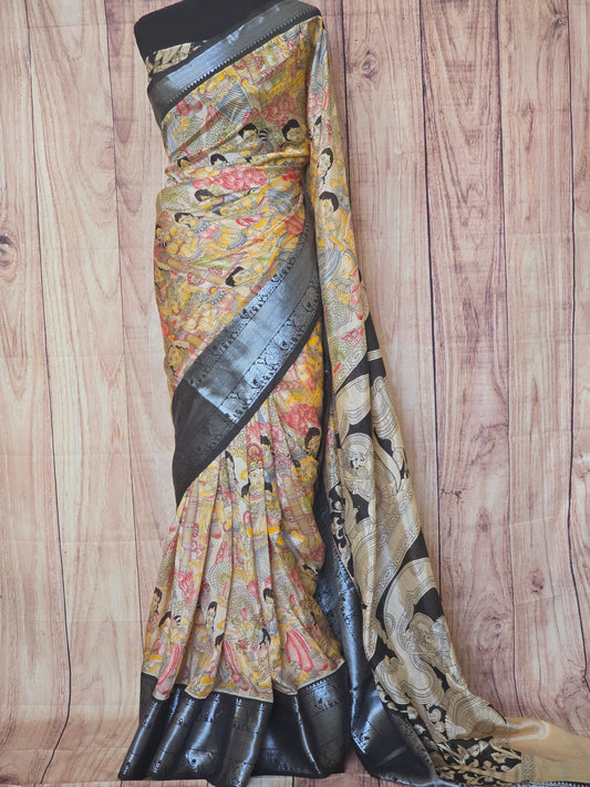 Chennuri( soft) silk sarees with penkalamkari design all over body- stitched blouse