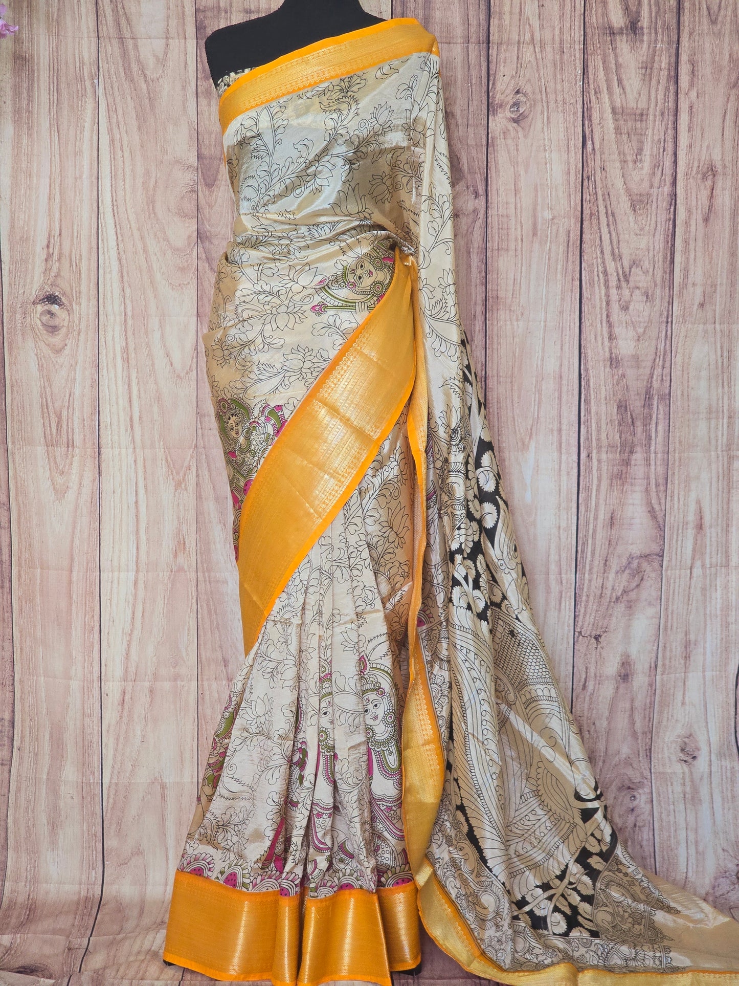 Chenniri silk sarees with kalamkari design all over body- stitched blouse