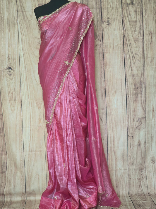 Crushed organza saree with stitched blouse