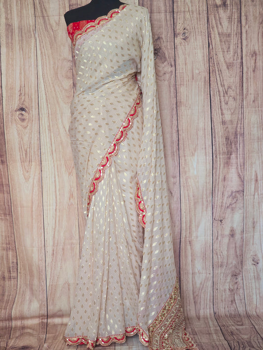 Sandal creme Georgette designer saree with red border- stitched blouse