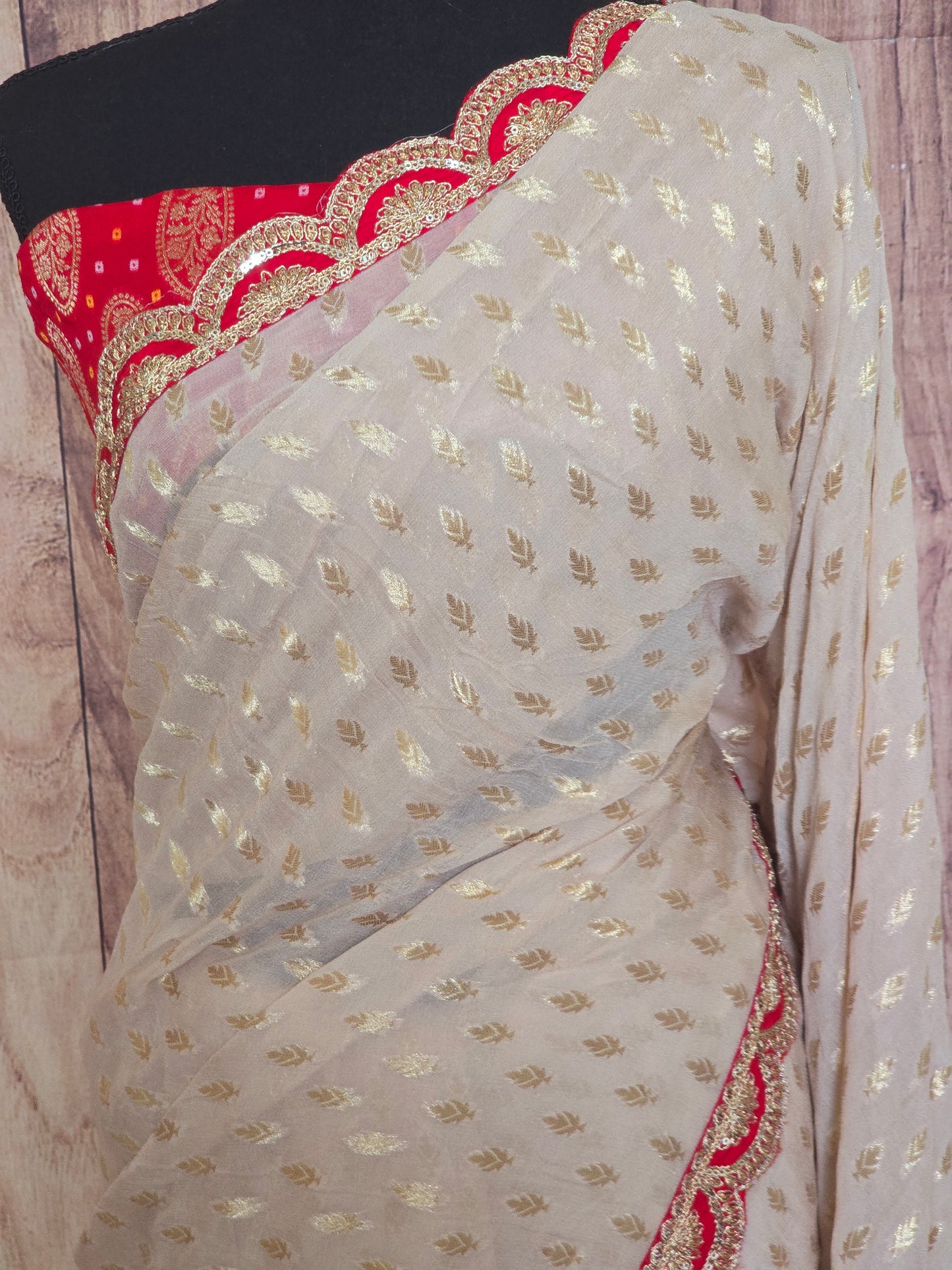 Sandal creme Georgette designer saree with red border- stitched blouse