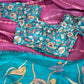 Tussar silk saree with kalamkari contrast pallu-  stitched kalamkari blouse