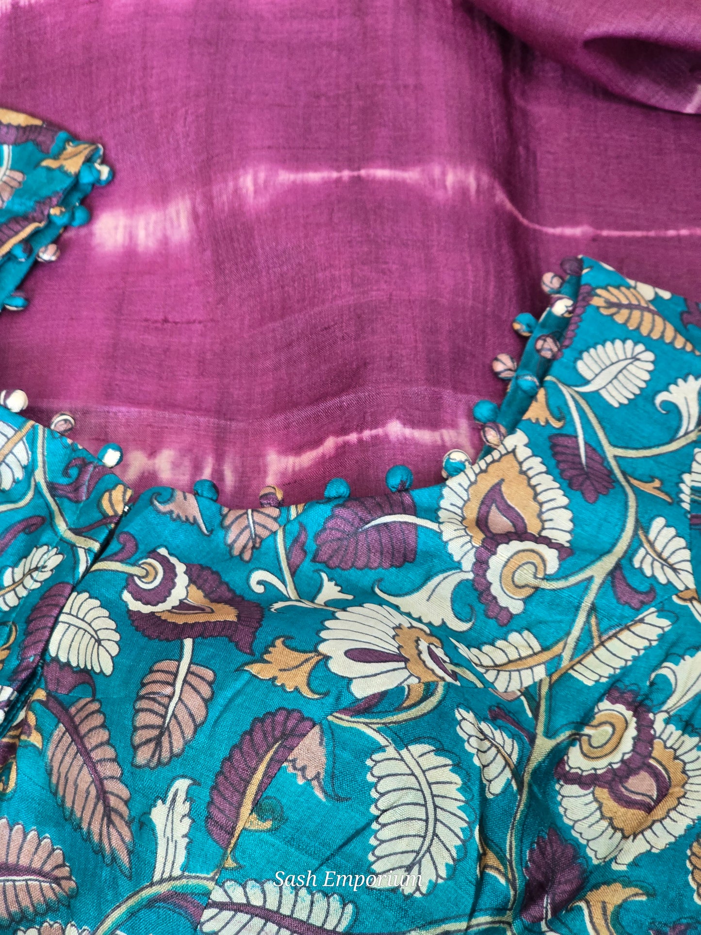 Tussar silk saree with kalamkari contrast pallu-  stitched kalamkari blouse