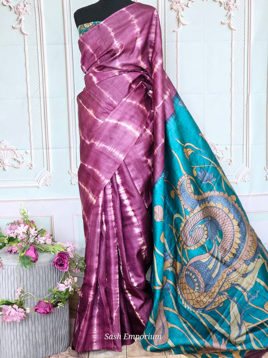 Tussar silk saree with kalamkari contrast pallu-  stitched kalamkari blouse