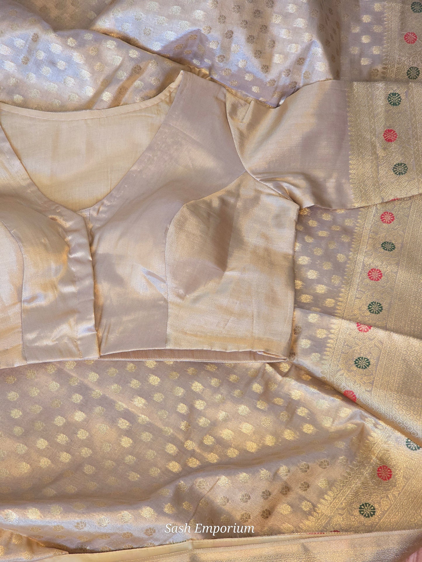 Pure tissue silk weaving saree with gold design all over body- stitched blouse