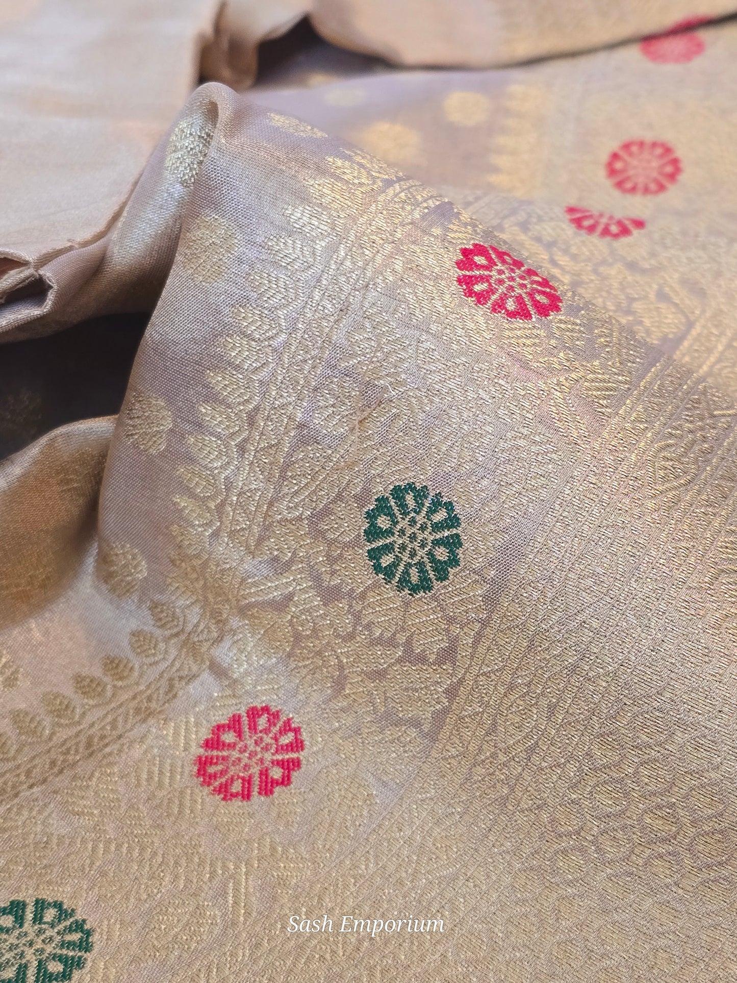 Pure tissue silk weaving saree with gold design all over body- stitched blouse