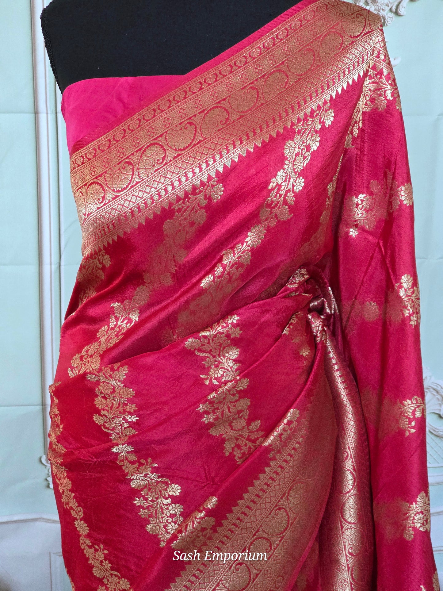 Mashru silk saree with antique gold banarasi border and design- stitched sleeveless blouse