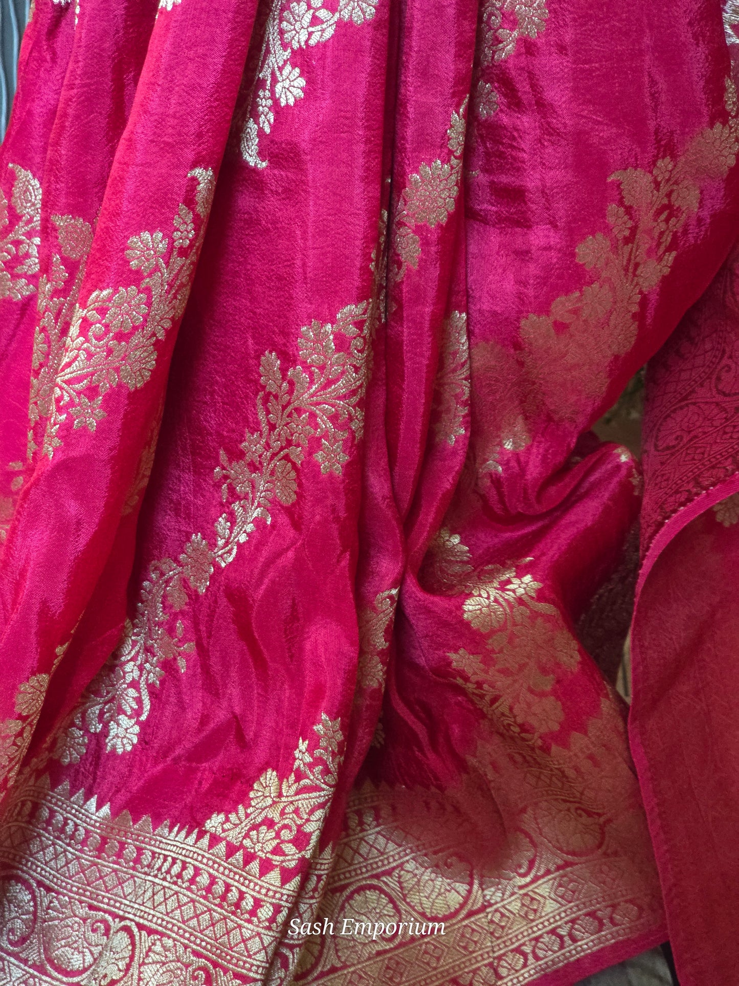 Mashru silk saree with antique gold banarasi border and design- stitched sleeveless blouse