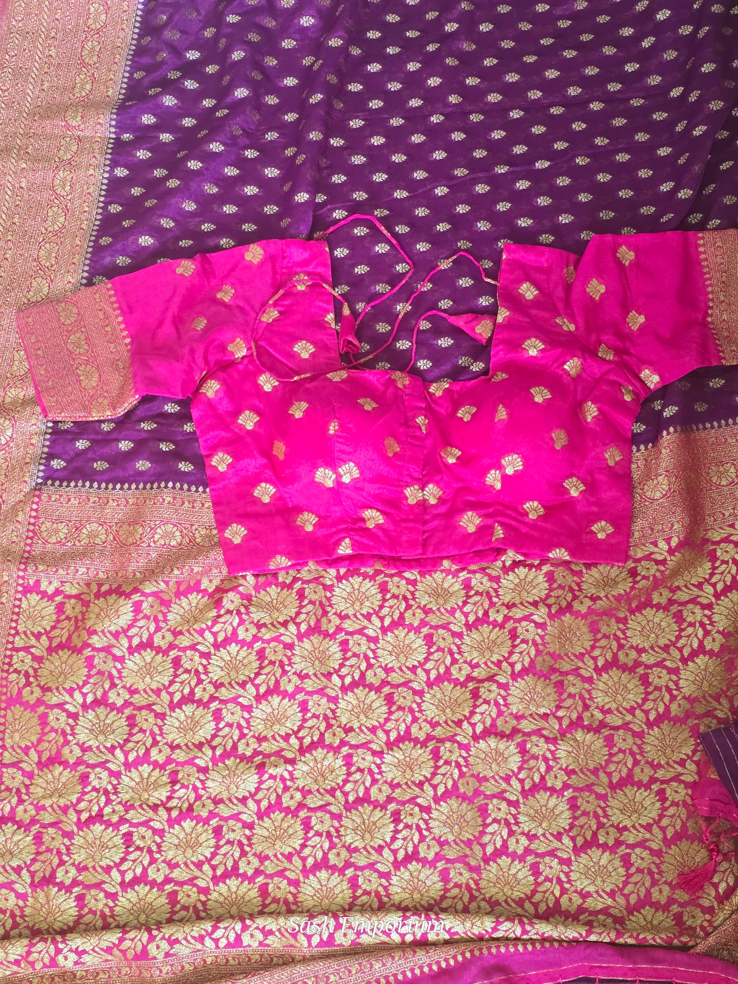 Semi Georgette saree (purple/pink) with stitched blouse