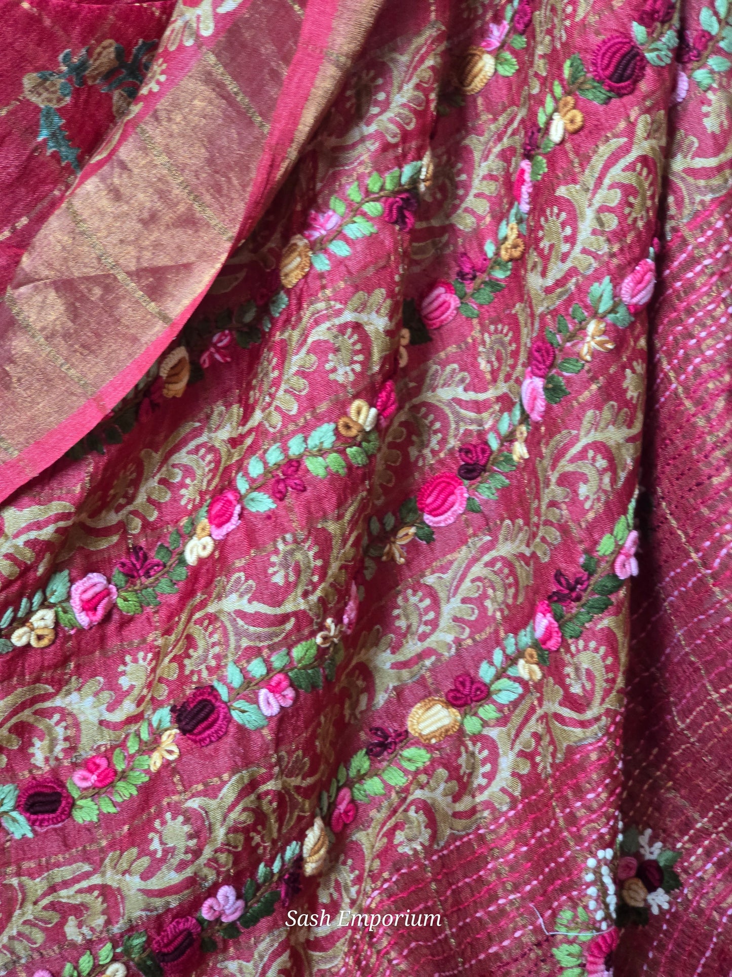 Soft tussar silk saree with French knot and kantha work