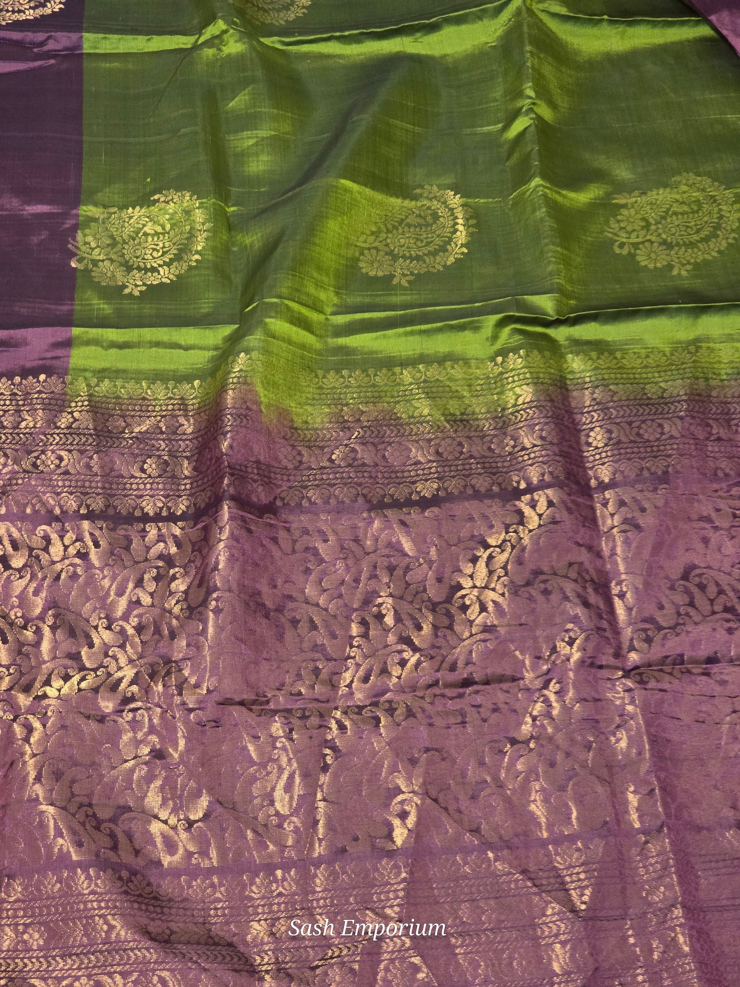 Kanchipuram soft silk saree( pickle green) with burgundy border- stitched blouse