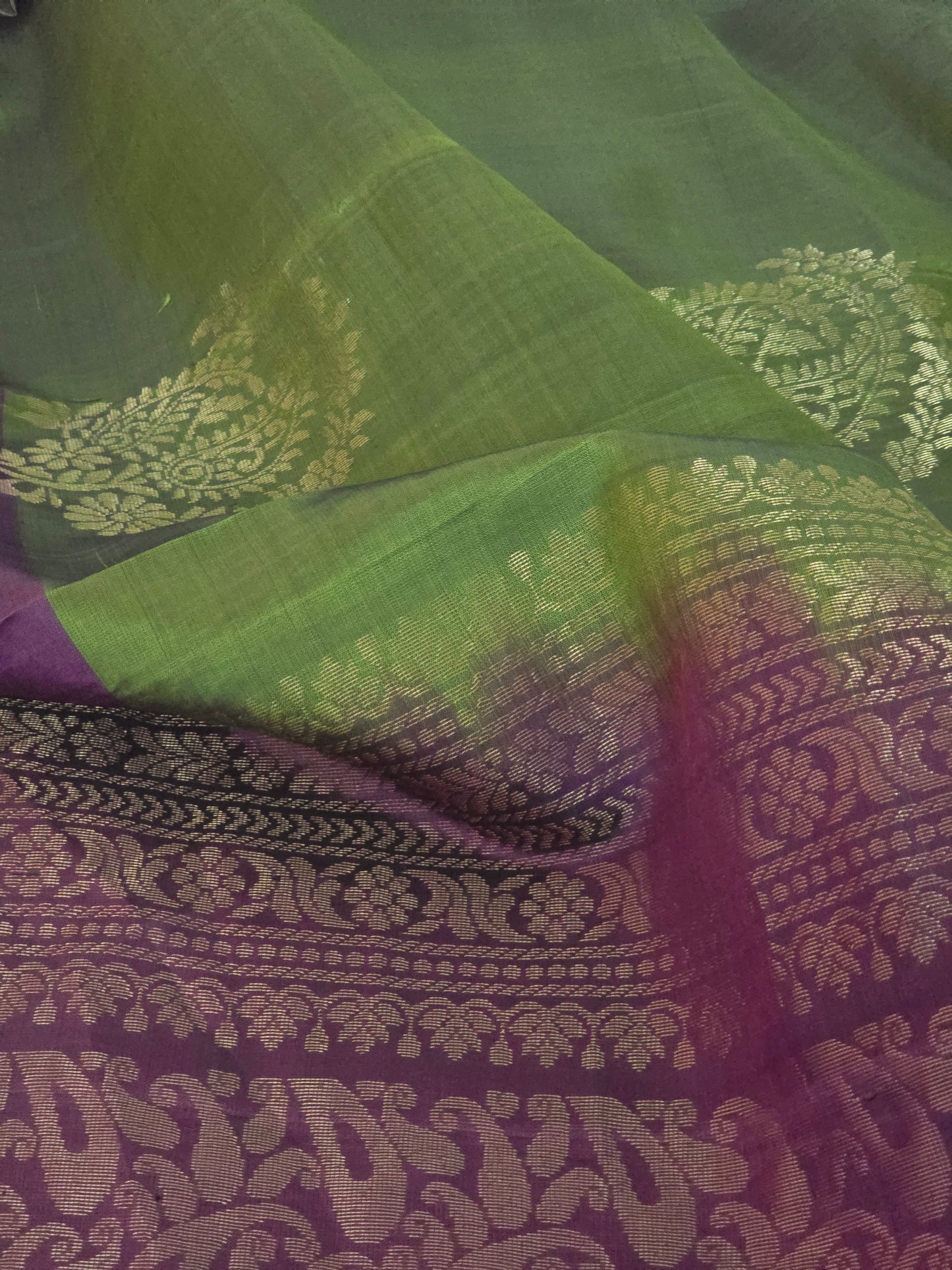 Kanchipuram soft silk saree( pickle green) with burgundy border- stitched blouse