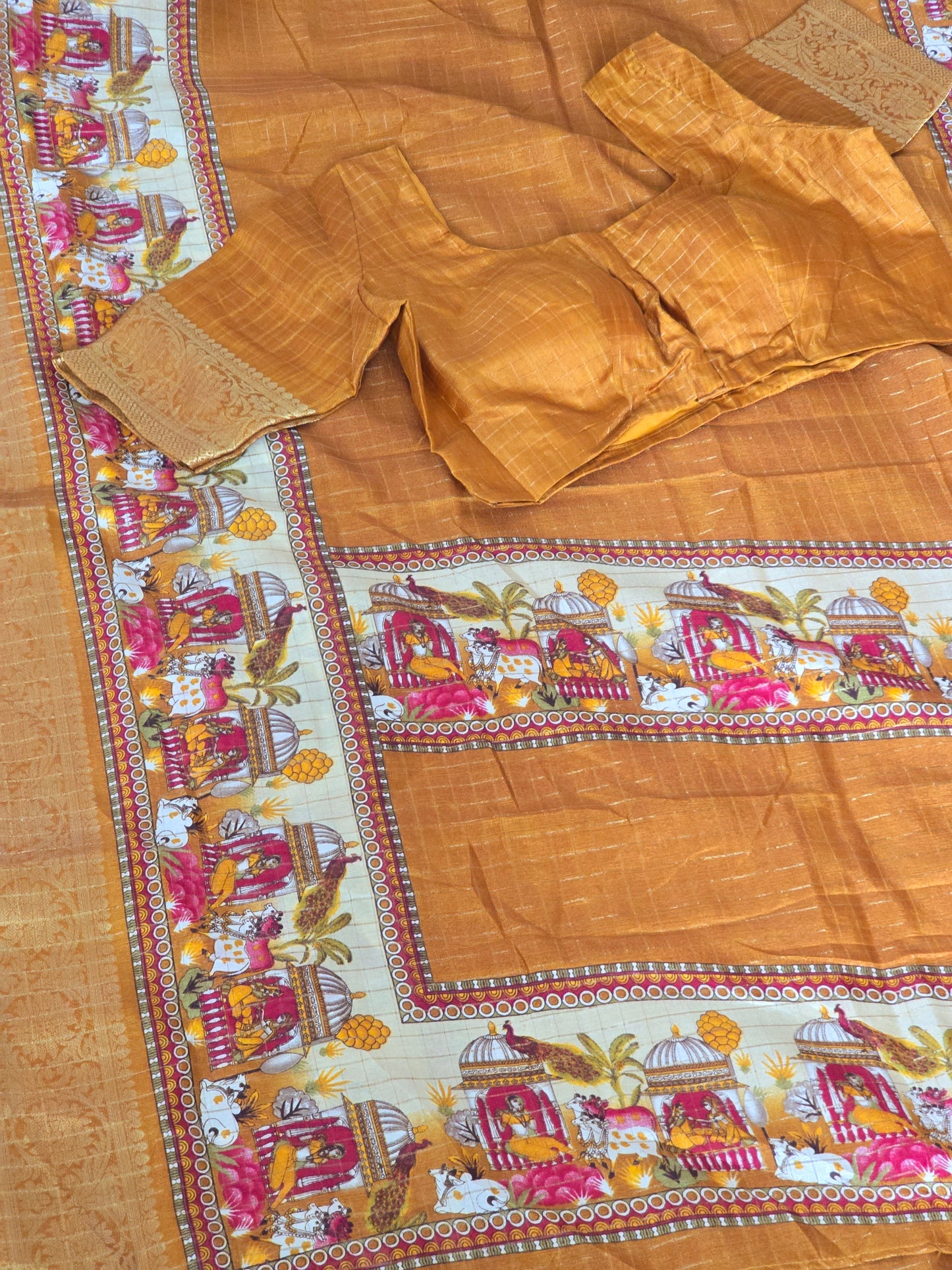 Mangalgiri check saree with madhubani print- stitched blouse