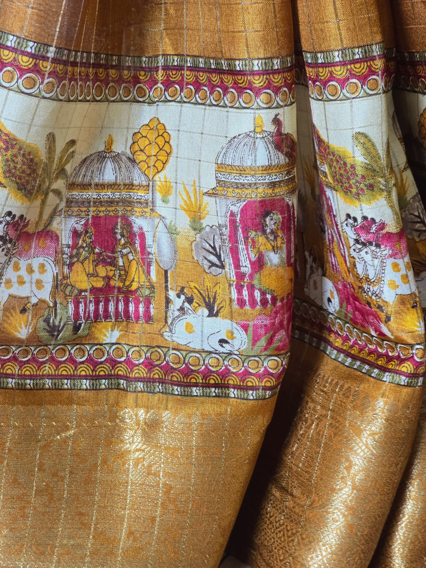 Mangalgiri check saree with madhubani print- stitched blouse