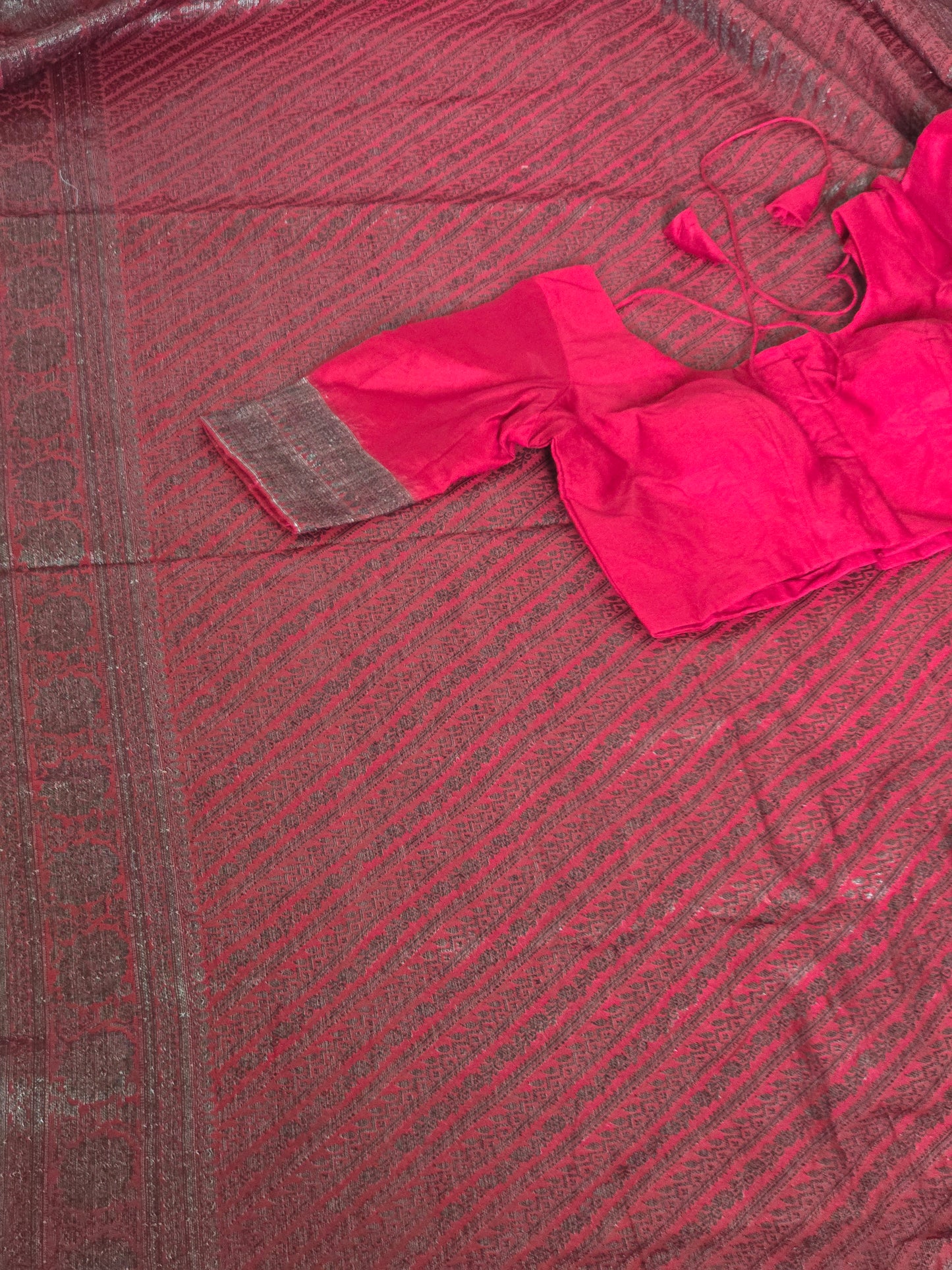 Chillie pink semi brocade saree with stitched blouse