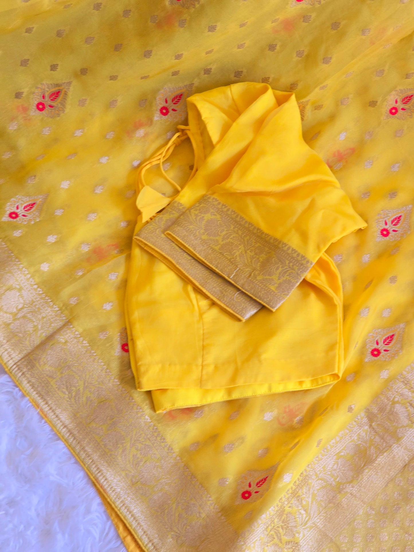 Organza Banarasi Saree (Bright yellow) with stitched blouse