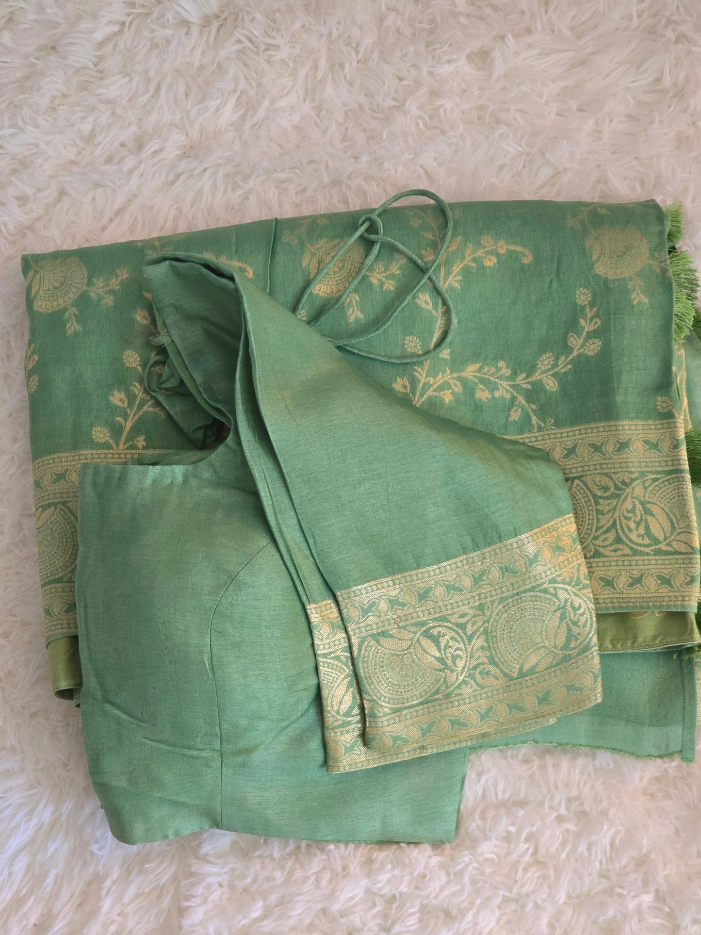 Sage green Mushru silk with banarasi weaving- Stitched blouse