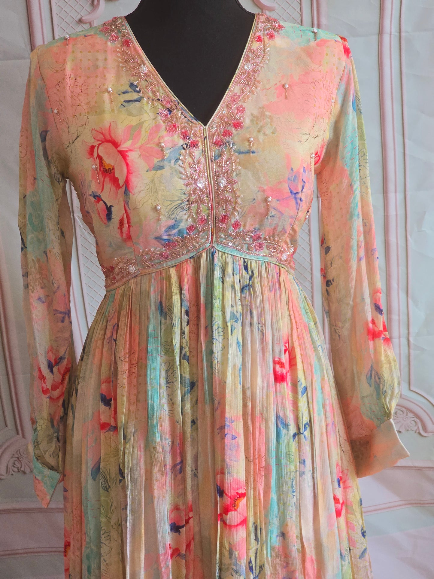 Party wear long gown- light peach floral