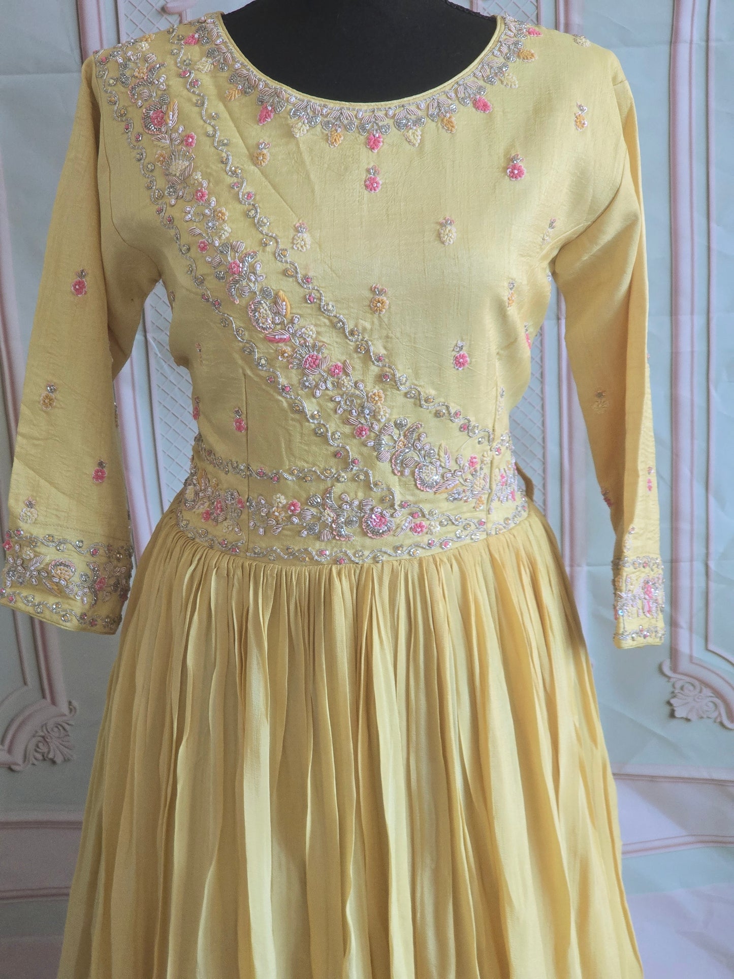 Party wear long gown( light yellow) with dupatta- handwork