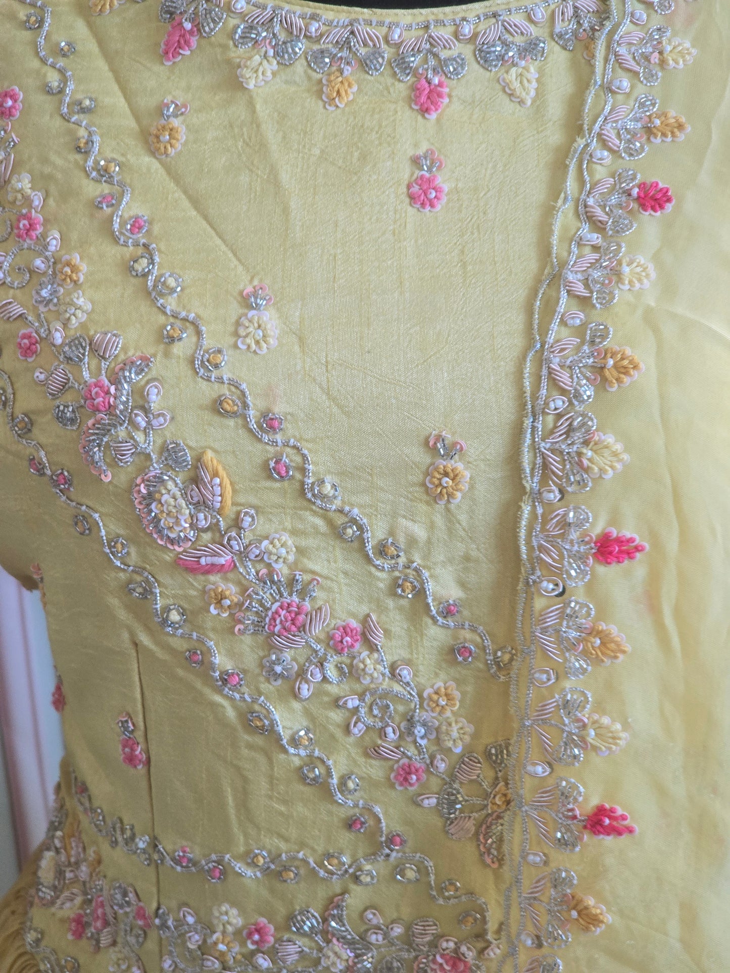 Party wear long gown( light yellow) with dupatta- handwork