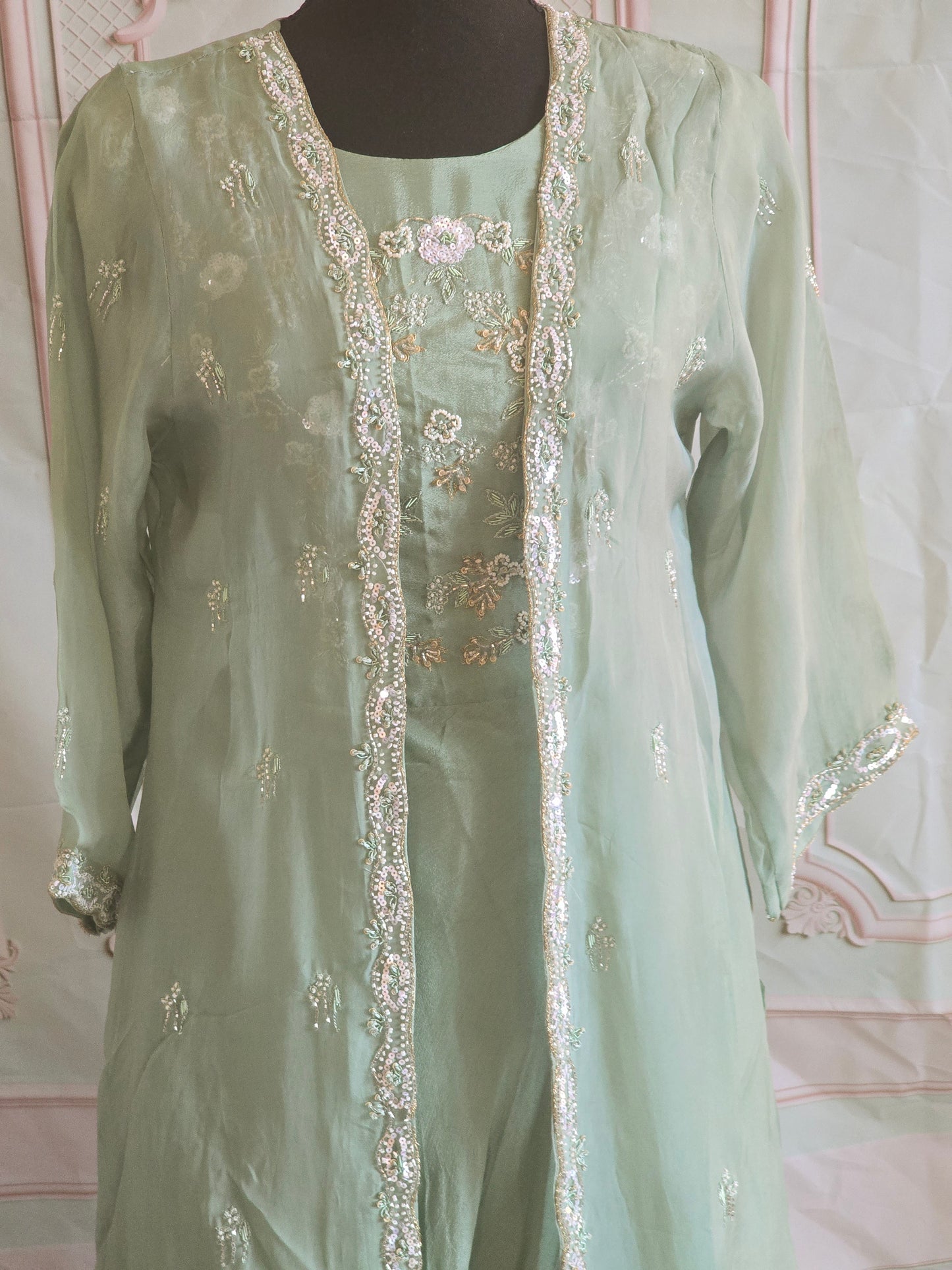 Party wear long gown(pastel shade) with handworked shrug