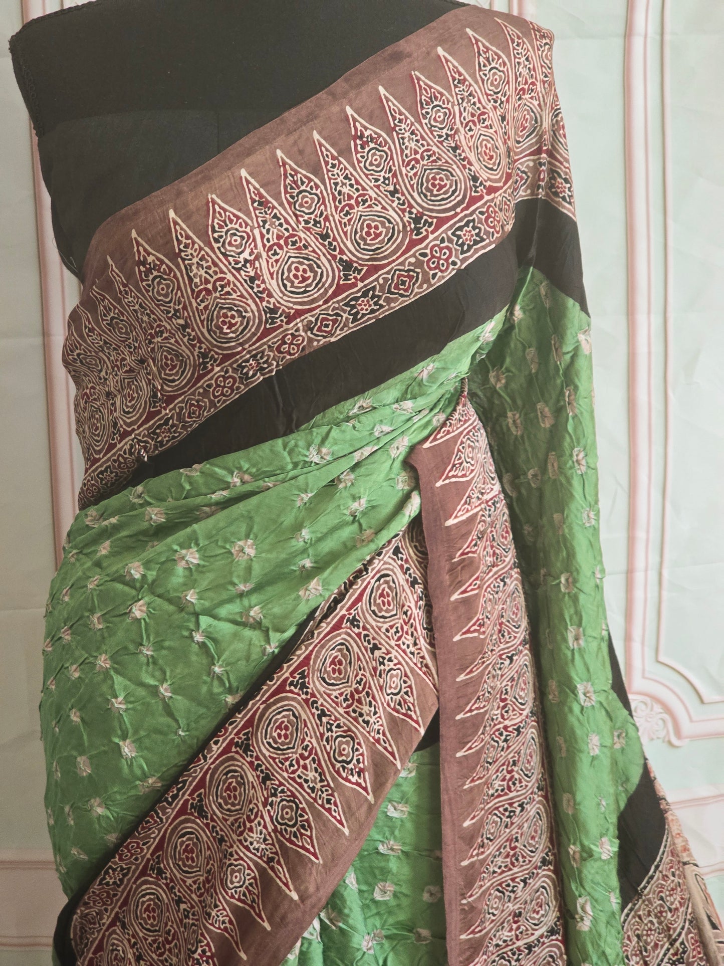 Modal silk saree on bandhej body-ajrakh border- stitched blouse