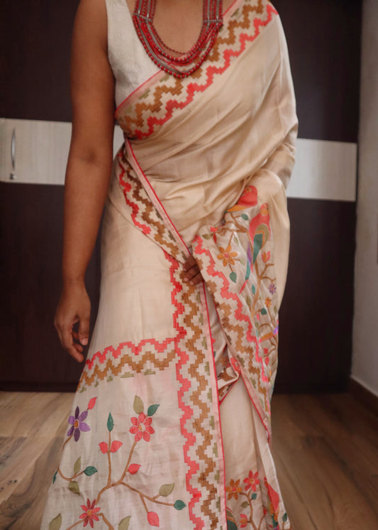 Pure Tussar silk saree with beautiful thread weaving- stitched blouse