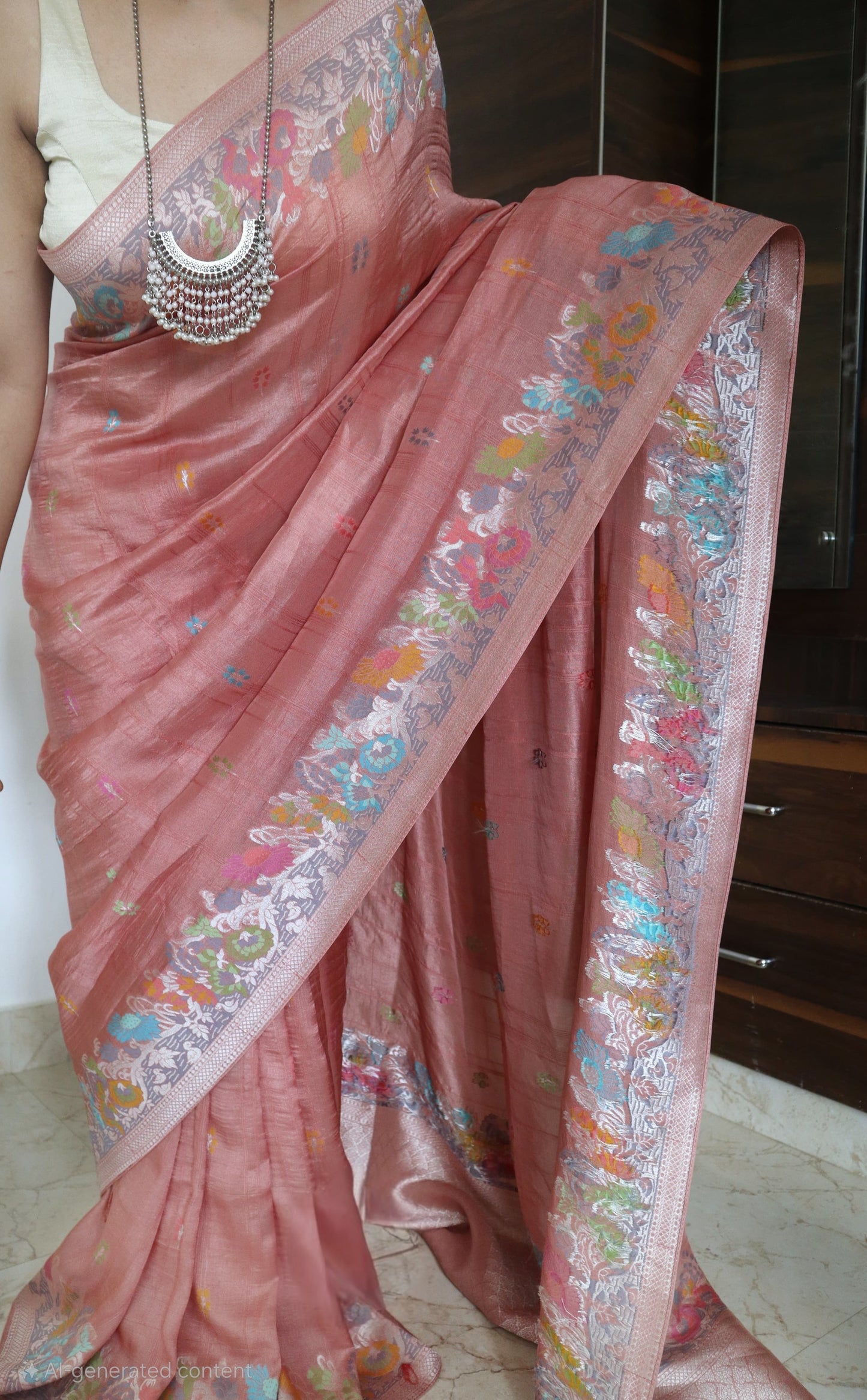 Pure Tussar silk saree with meenakari weaving- stitched blouse