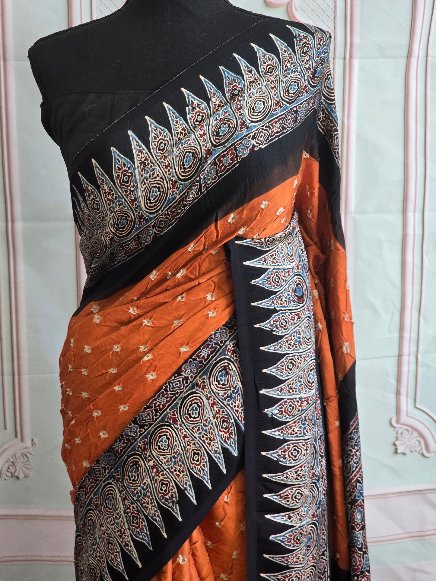 Modal silk on bandhej and ajrakh border- stitched blouse