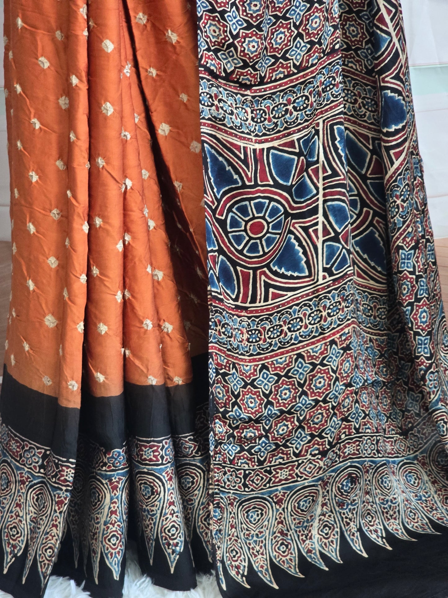 Modal silk on bandhej and ajrakh border- stitched blouse