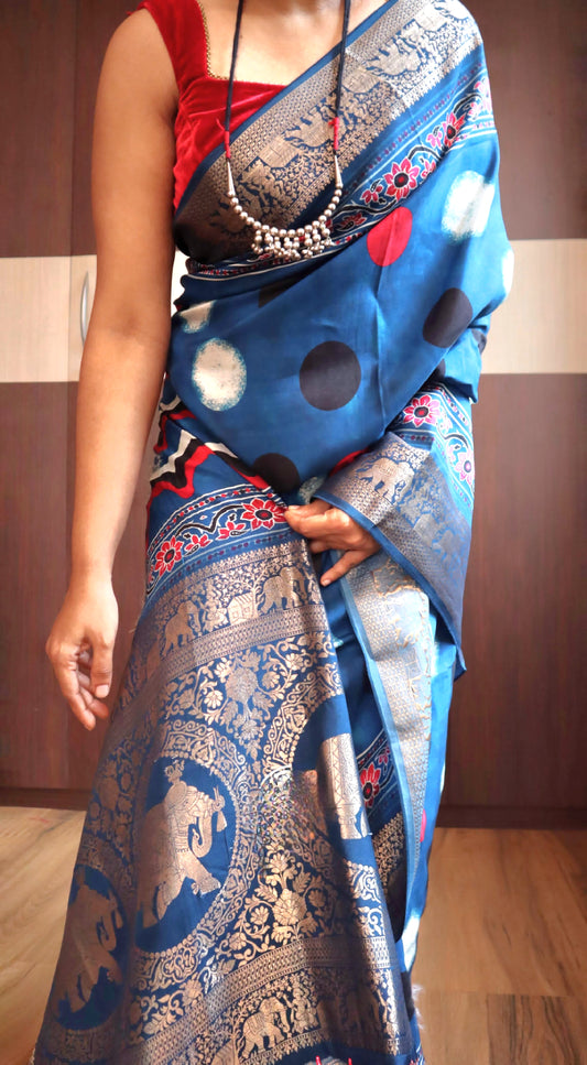 Munga banarasi saree with ajrakh design- stitched blouse